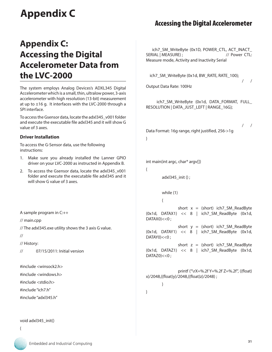 Appendix c, Accessing the digital accelerometer | Lanner LVC-2000 User Manual | Page 31 / 39