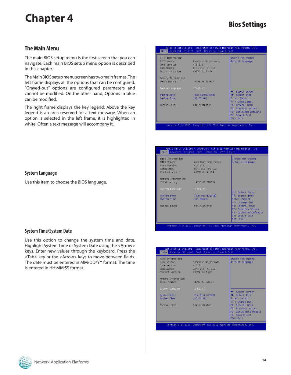 The main menu, Chapter 4, Bios settings | Lanner FW-5330 User Manual | Page 17 / 38