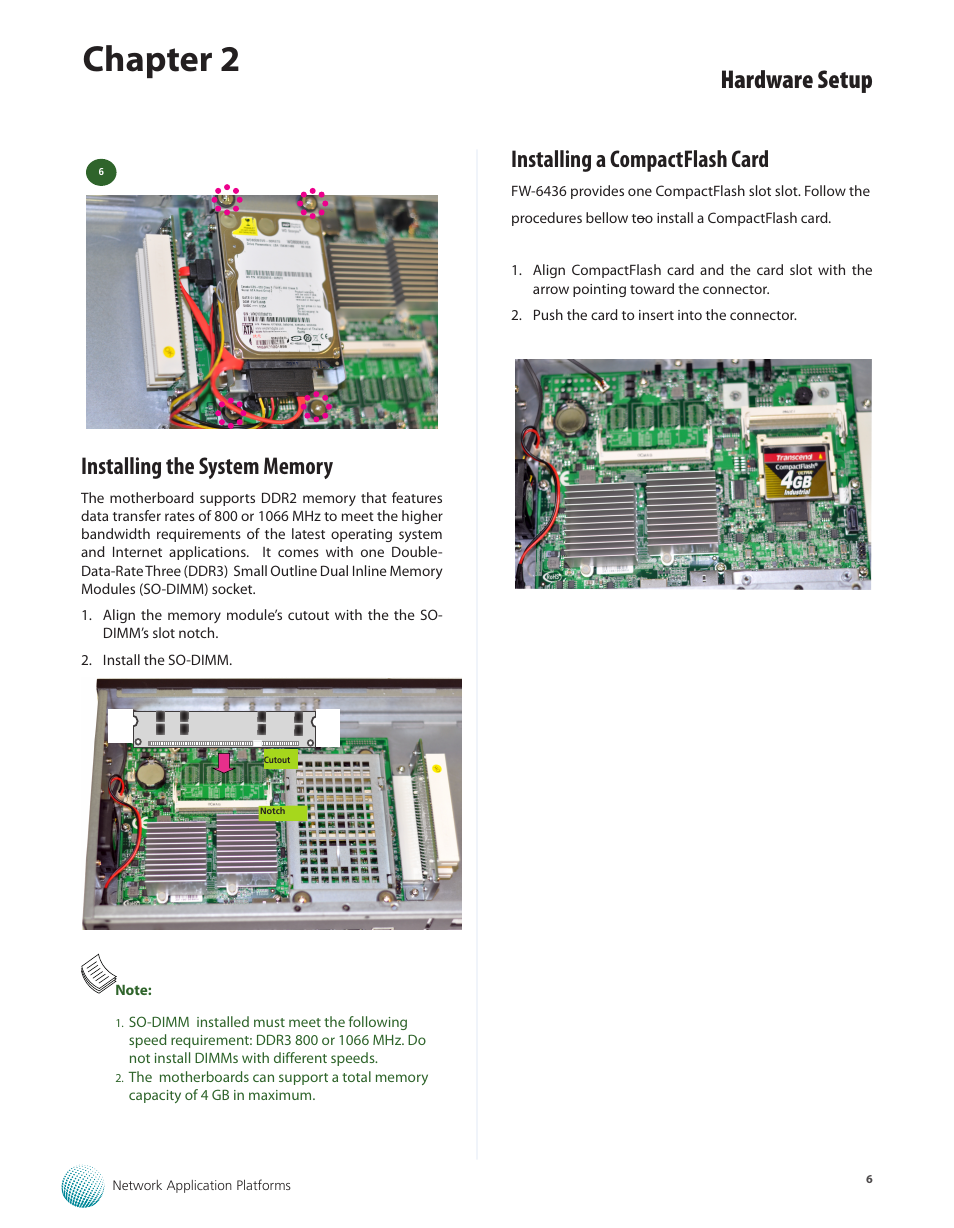 Installing the system memory, Installing a compactflash card, Chapter 2 | Hardware setup | Lanner FW-6436 User Manual | Page 9 / 19