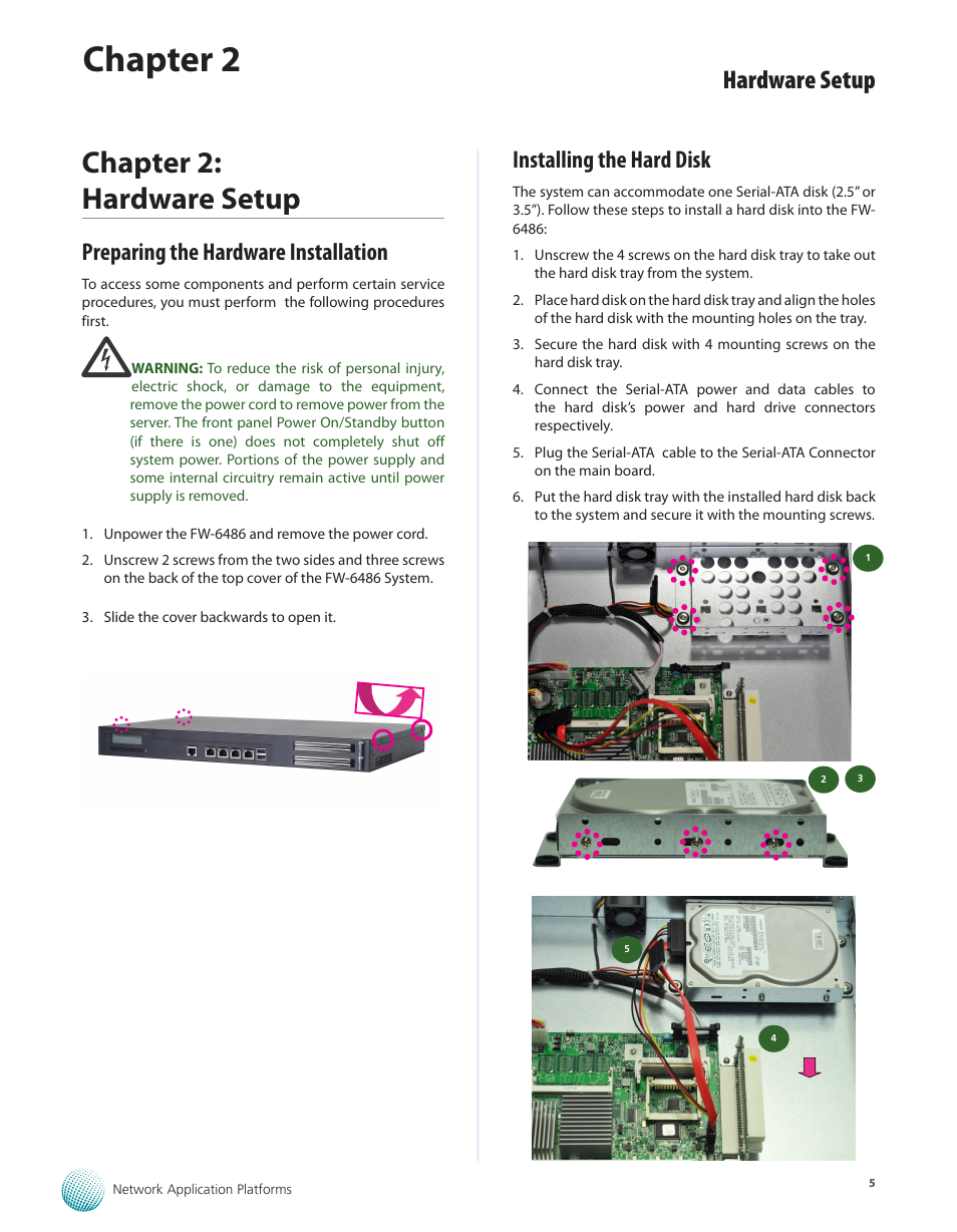 Chapter 2: hardware setup, Preparing the hardware installation, Installing the hard disk | Chapter 2, Hardware setup | Lanner FW-6486 User Manual | Page 8 / 18