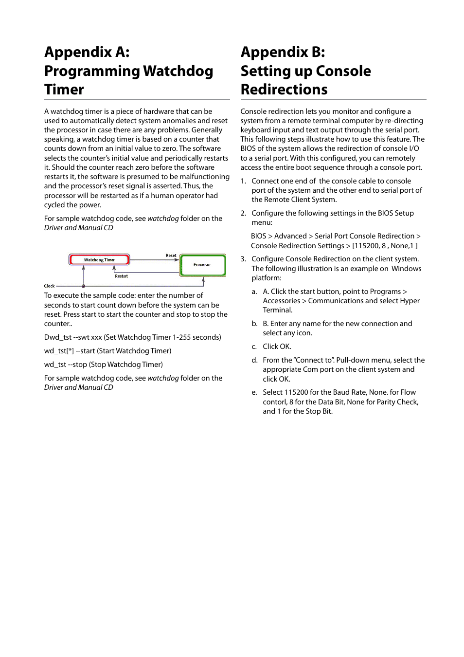 Appendix a: programming watchdog timer, Appendix b: setting up console redirections | Lanner FW-7525 User Manual | Page 36 / 41