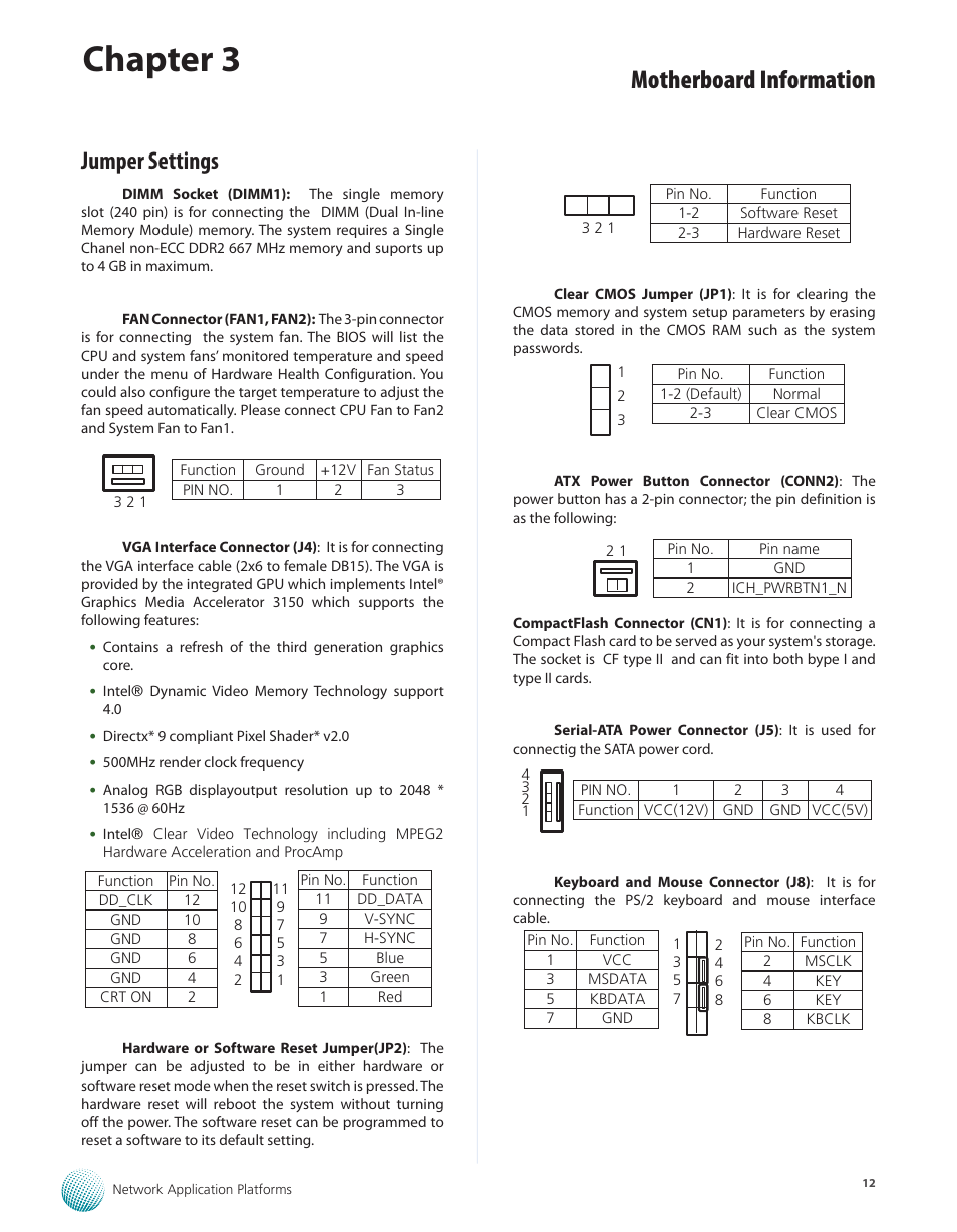 Jumper settings, Chapter 3, Motherboard information | Lanner FW-7540 User Manual | Page 17 / 47