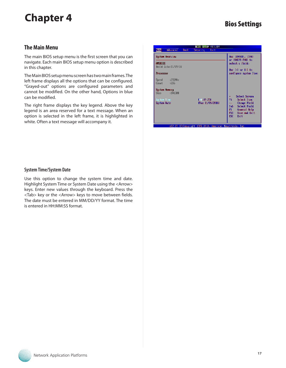 The main menu, Chapter 4, Bios settings | Lanner FW-7540 User Manual | Page 22 / 47