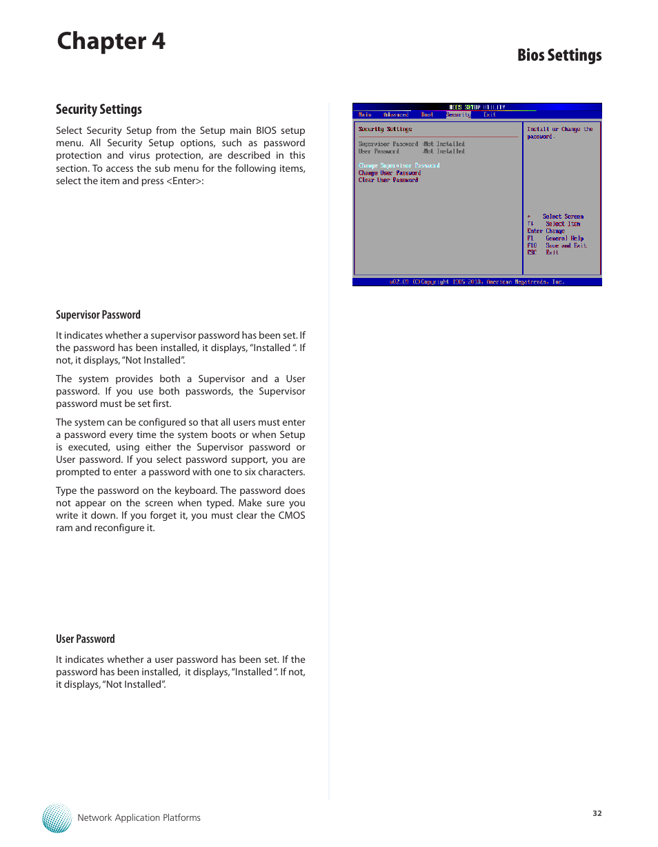 Security settings, Chapter 4, Bios settings | Lanner FW-7540 User Manual | Page 37 / 47