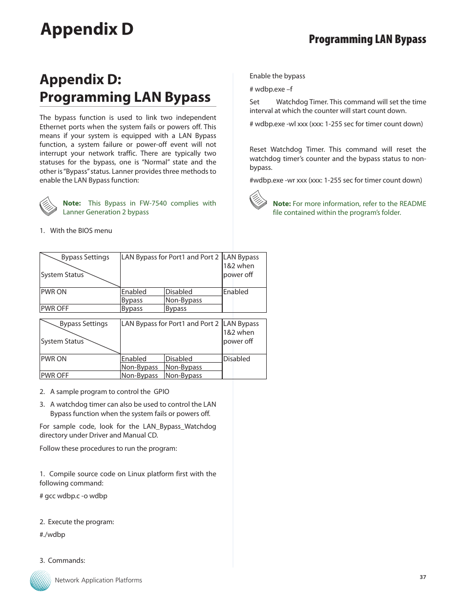 Appendix d: programming lan bypass, Appendix d, Programming lan bypass | Lanner FW-7540 User Manual | Page 42 / 47