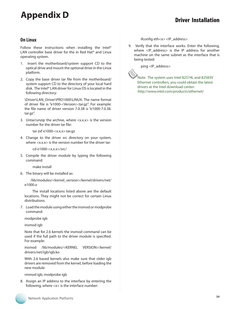 On linux, Appendix d, Driver installation | Lanner FW-7540 User Manual | Page 44 / 47