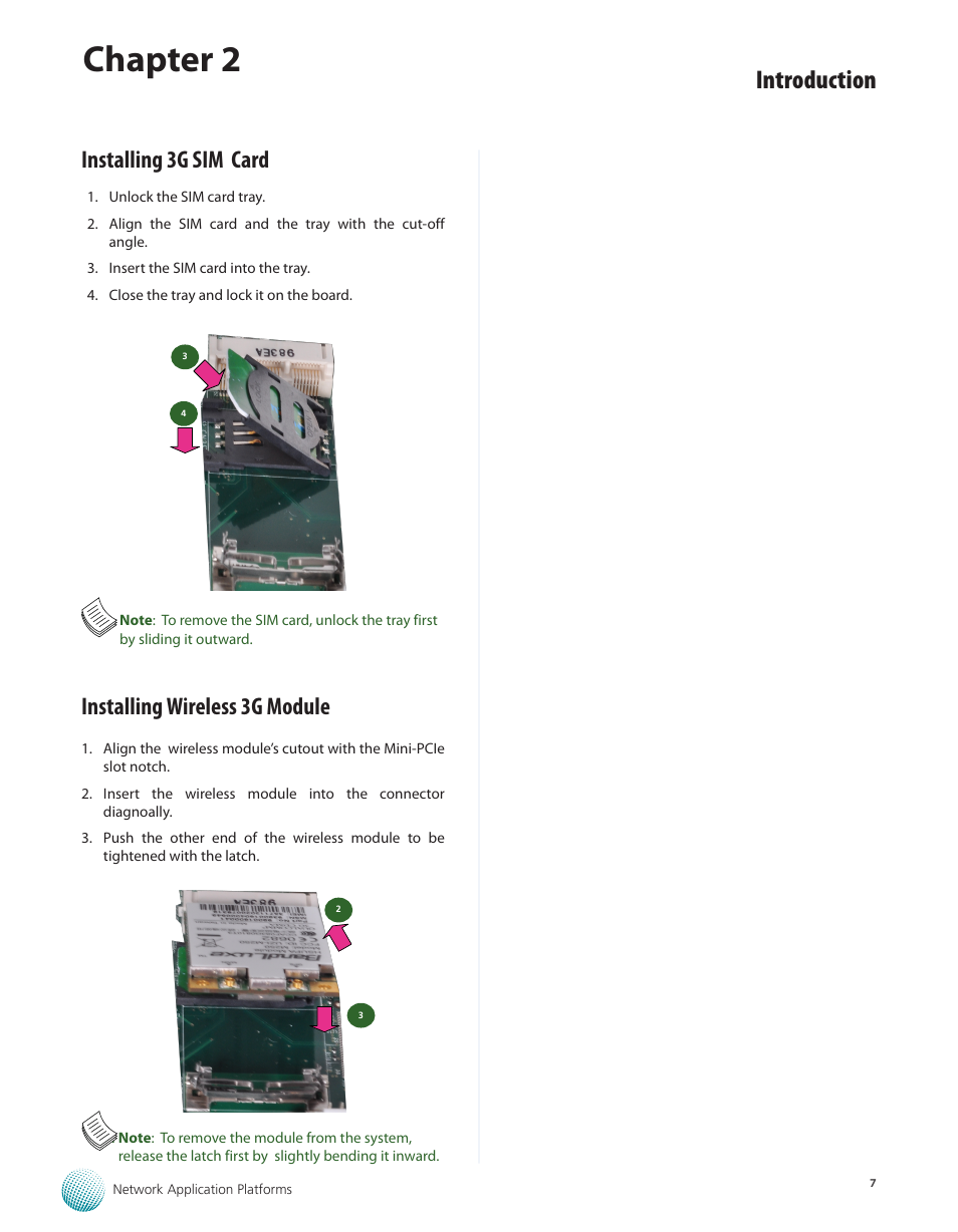 Installing 3g sim card, Installing wireless 3g module, Chapter 2 | Introduction | Lanner FW-7565 User Manual | Page 12 / 52