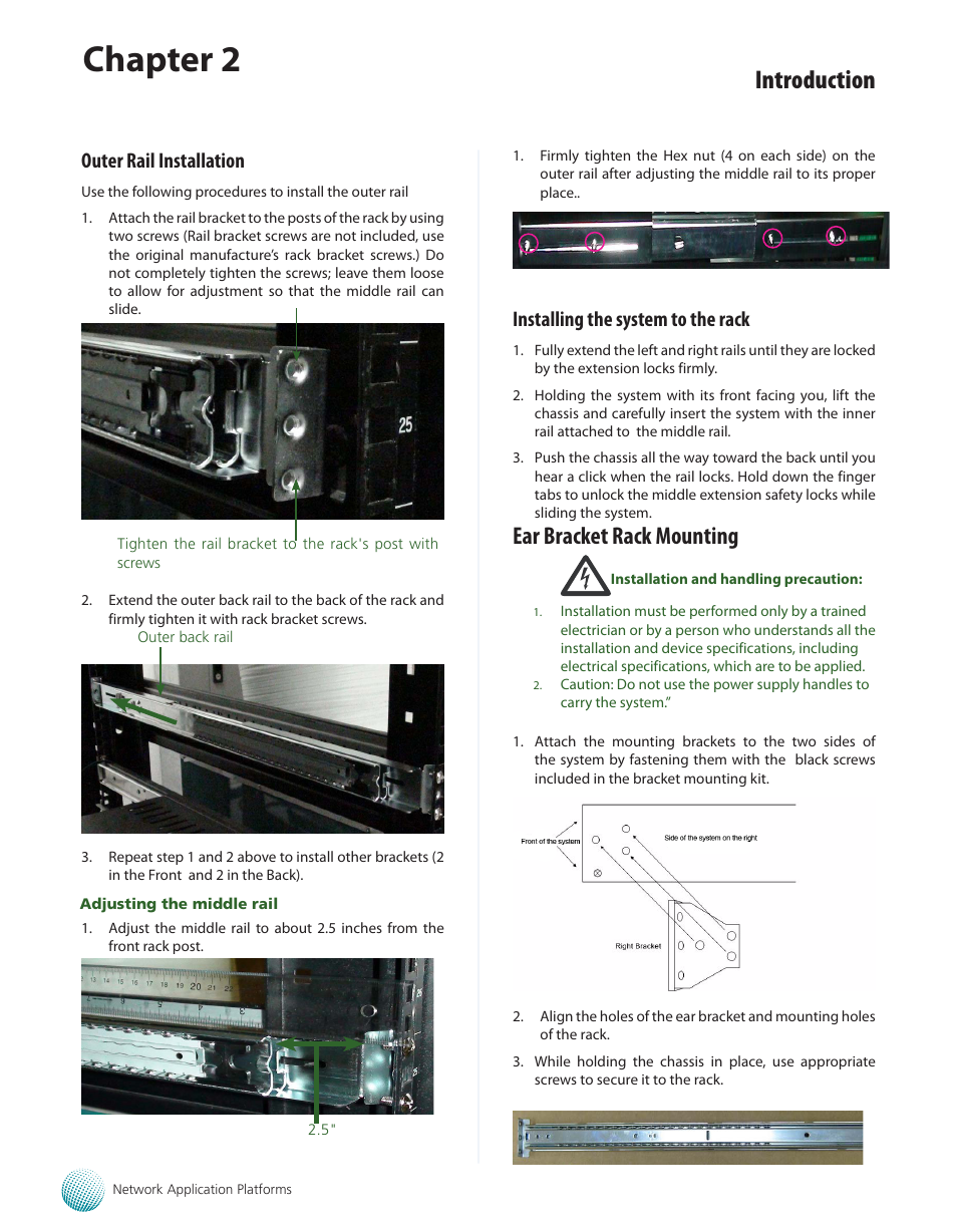 Outer rail installation, Installing the system to the rack, Ear bracket rack mounting | Chapter 2, Introduction | Lanner FW-7565 User Manual | Page 14 / 52