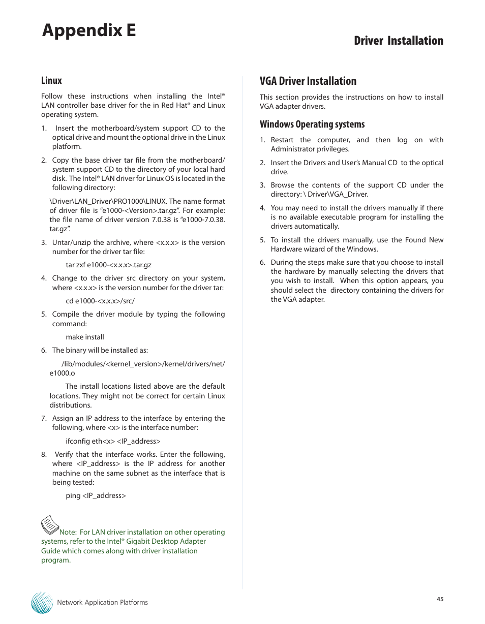 Linux, Vga driver installation, Windows operating systems | Appendix e, Driver installation | Lanner FW-7565 User Manual | Page 50 / 52
