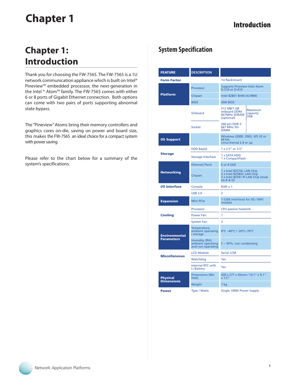 Chapter 1: introduction, System specification, Chapter 1 | Introduction | Lanner FW-7565 User Manual | Page 6 / 52