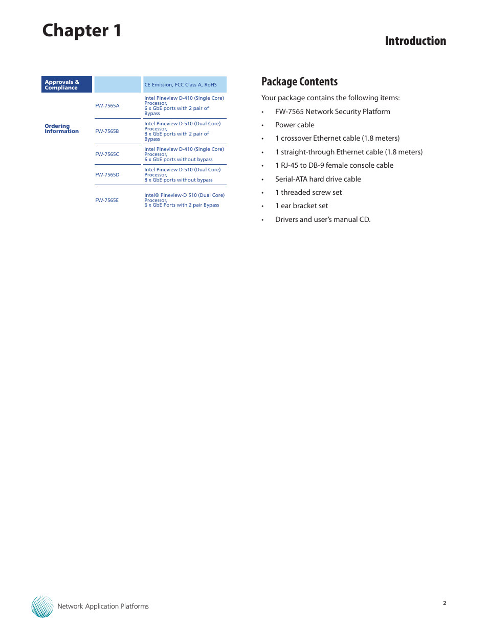 Package contents, Chapter 1, Introduction | Lanner FW-7565 User Manual | Page 7 / 52