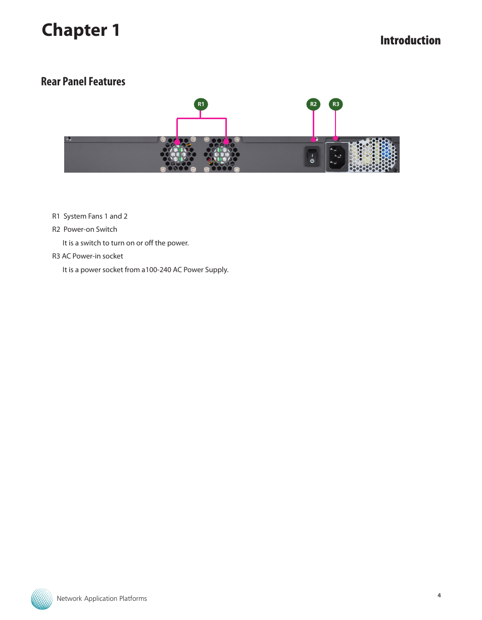 Rear panel features, Chapter 1, Introduction | Lanner FW-7565 User Manual | Page 9 / 52