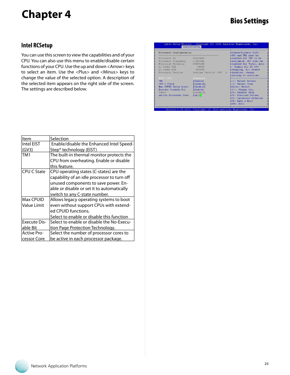 Chapter 4, Bios settings, Intel rcsetup | Lanner FW-7573 User Manual | Page 30 / 44