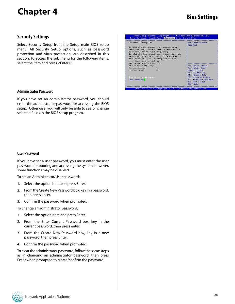 Chapter 4, Bios settings, Security settings | Lanner FW-7573 User Manual | Page 33 / 44