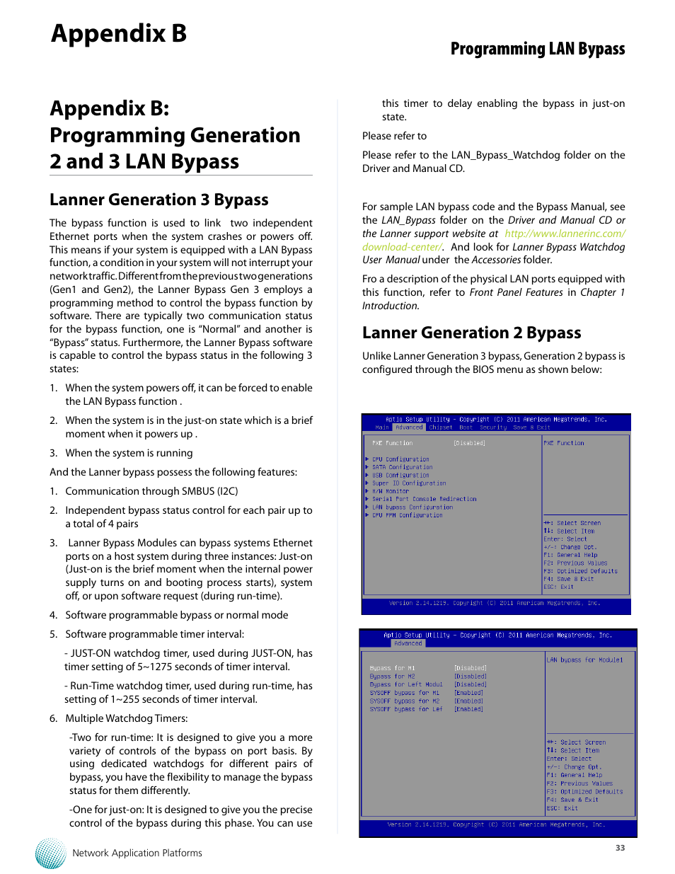 Appendix b, Programming lan bypass, Lanner generation 3 bypass | Lanner generation 2 bypass | Lanner FW-7573 User Manual | Page 38 / 44