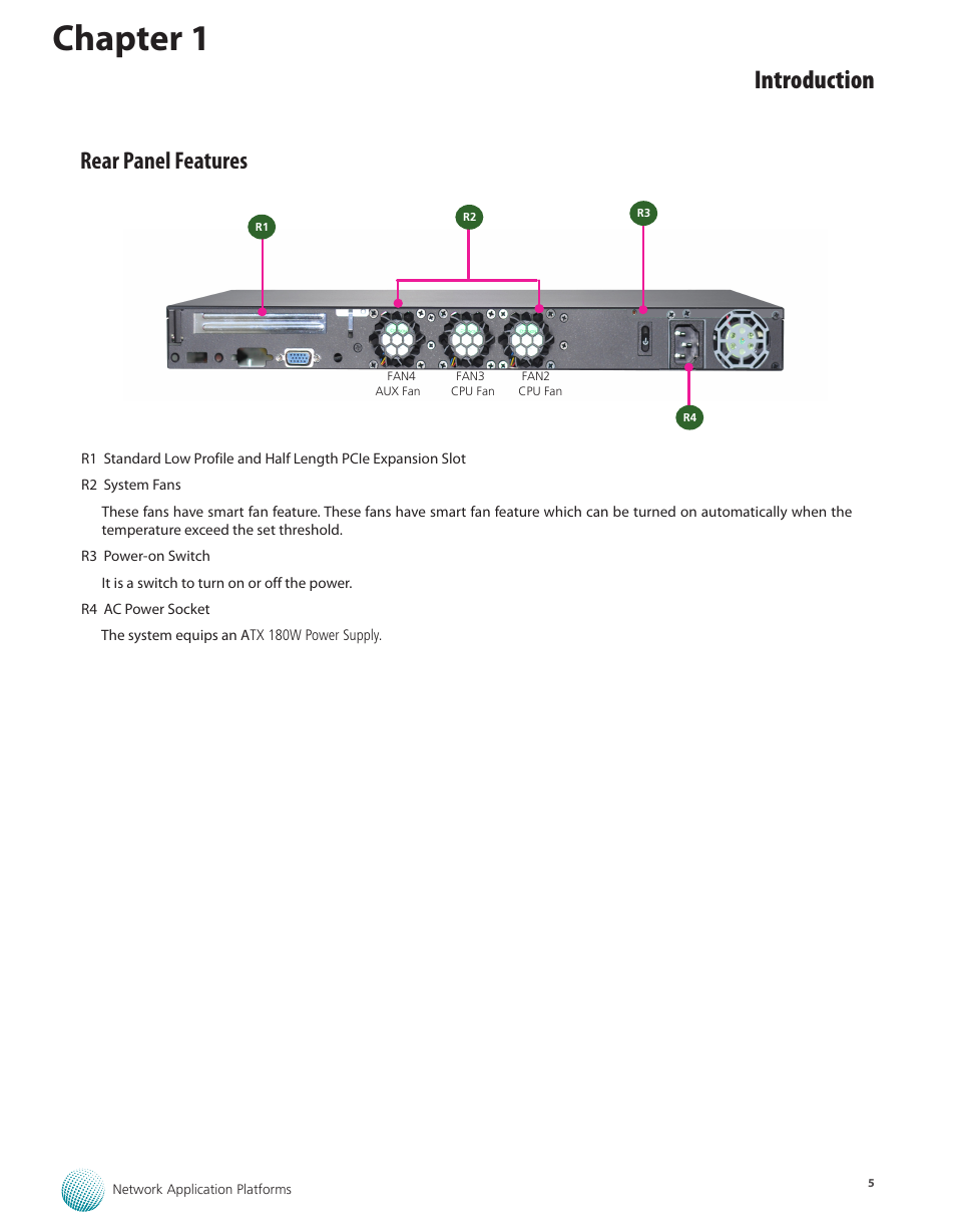 Rear panel features, Chapter 1, Introduction | Lanner FW-7575 User Manual | Page 10 / 48