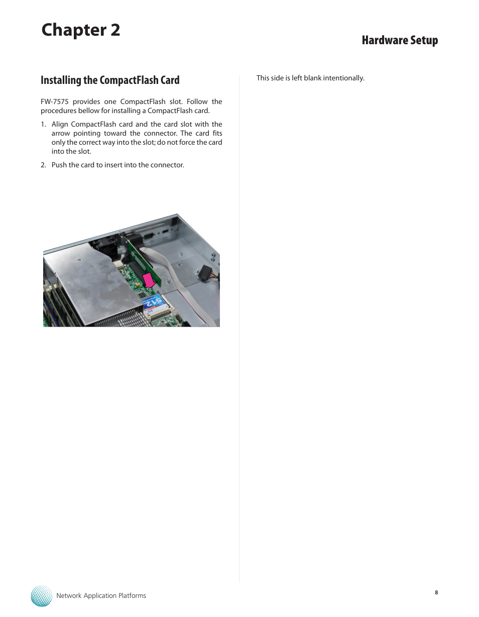 Installing the compactflash card, Chapter 2, Hardware setup | Lanner FW-7575 User Manual | Page 13 / 48