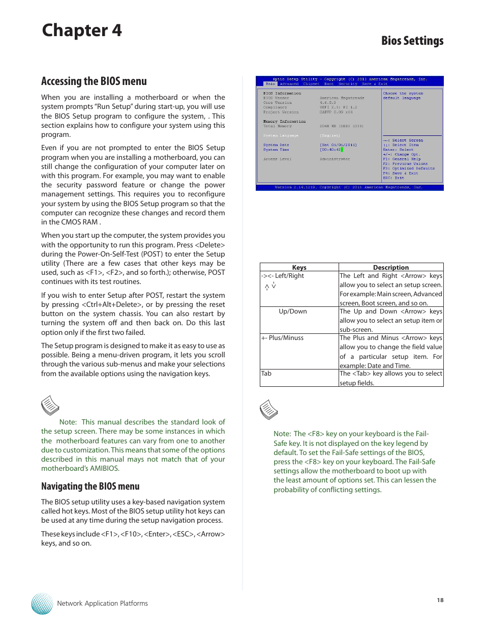 Accessing the bios menu, Navigating the bios menu, Chapter 4 | Bios settings | Lanner FW-7575 User Manual | Page 23 / 48