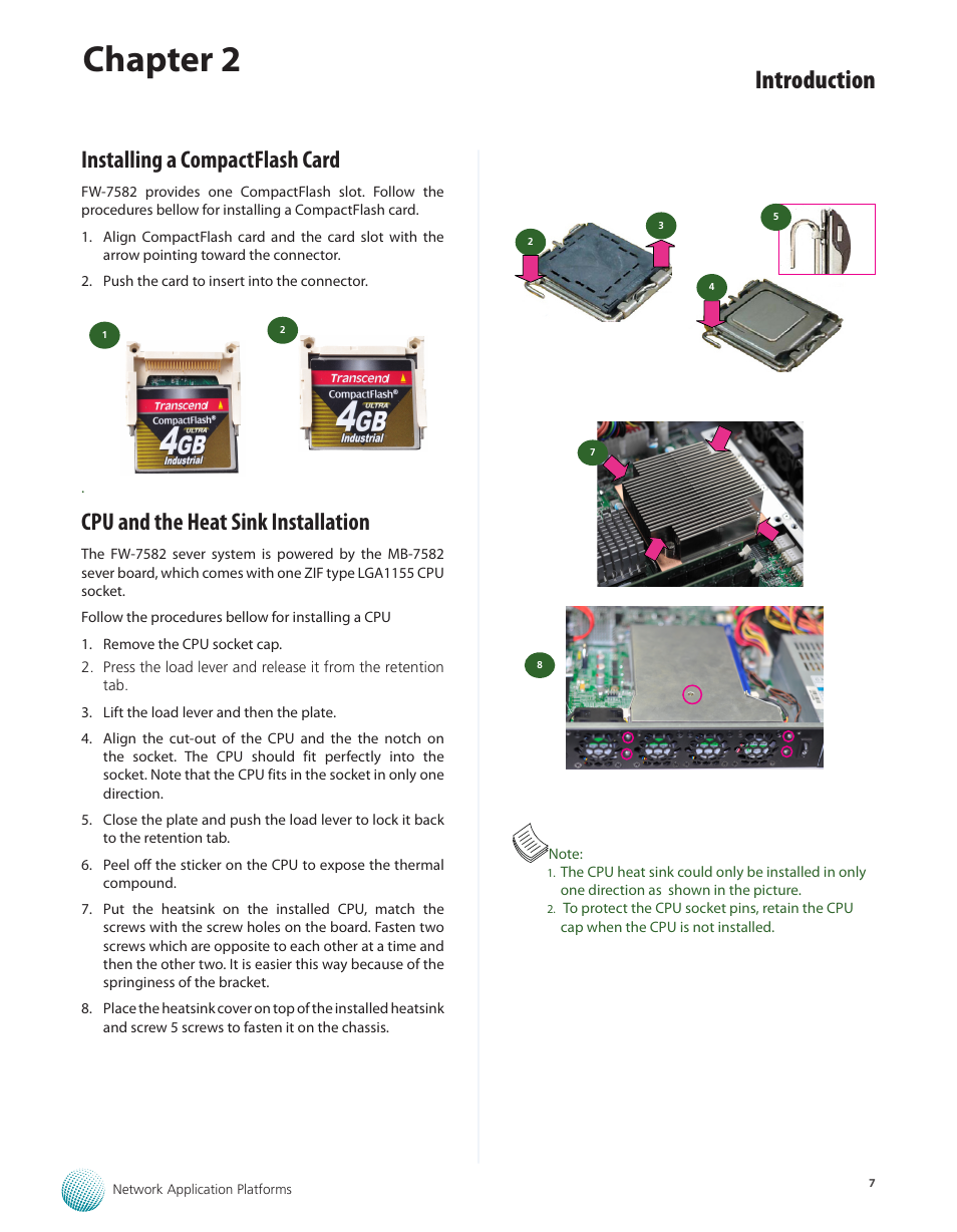 Installing a compactflash card, Cpu and the heat sink installation, Chapter 2 | Introduction | Lanner FW-7582 User Manual | Page 11 / 42