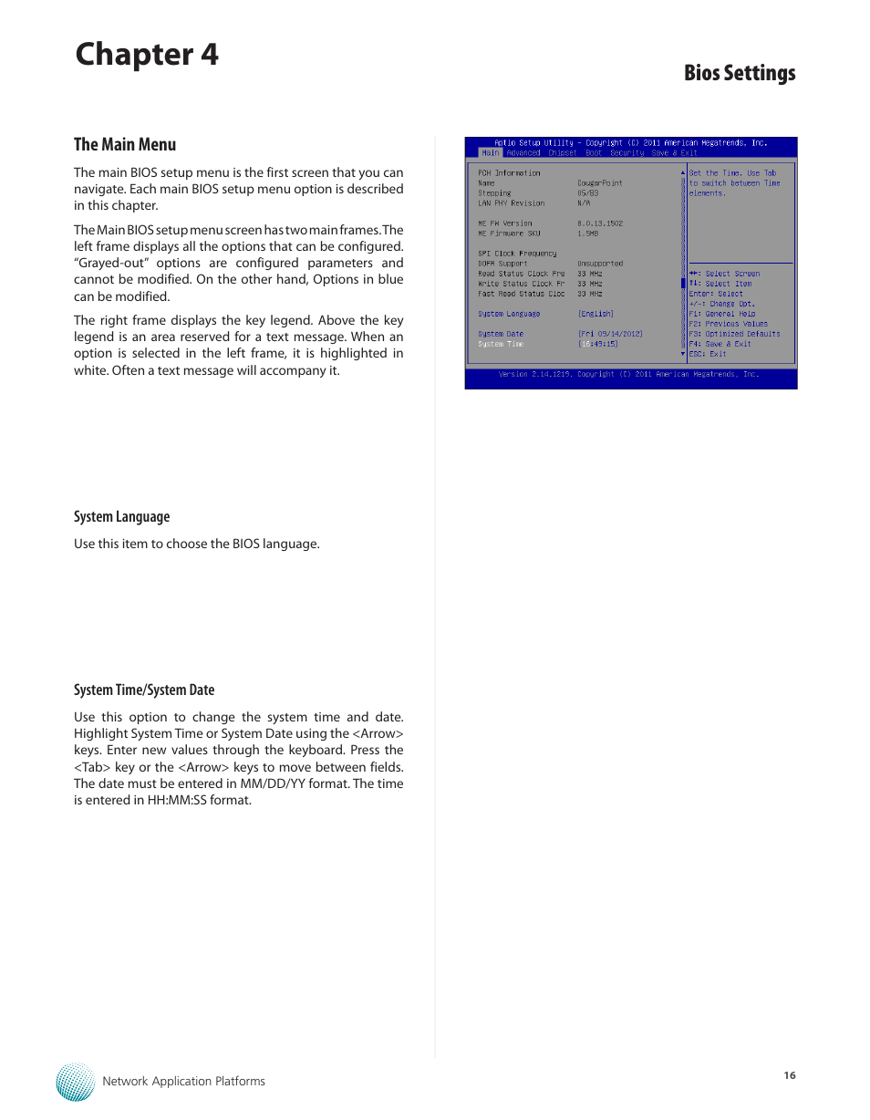 The main menu, Chapter 4, Bios settings | Lanner FW-7582 User Manual | Page 20 / 42
