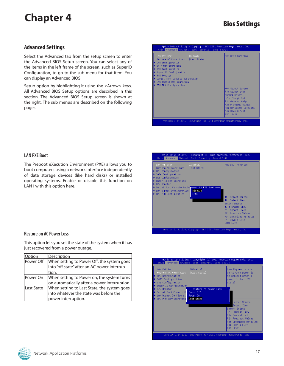 Advanced settings, Chapter 4, Bios settings | Lanner FW-7582 User Manual | Page 21 / 42