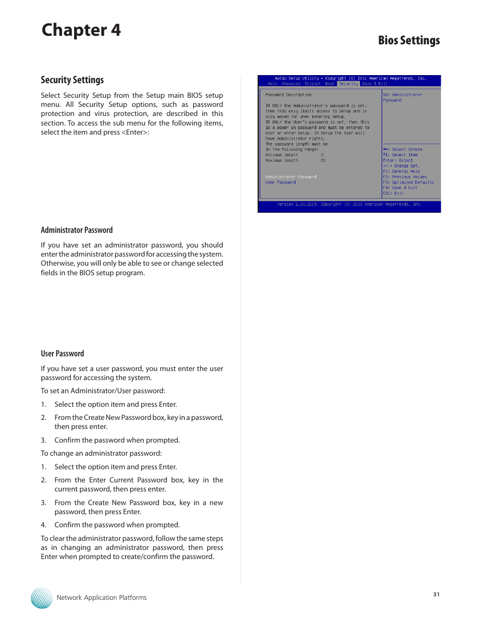 Security settings, Chapter 4, Bios settings | Lanner FW-7582 User Manual | Page 35 / 42