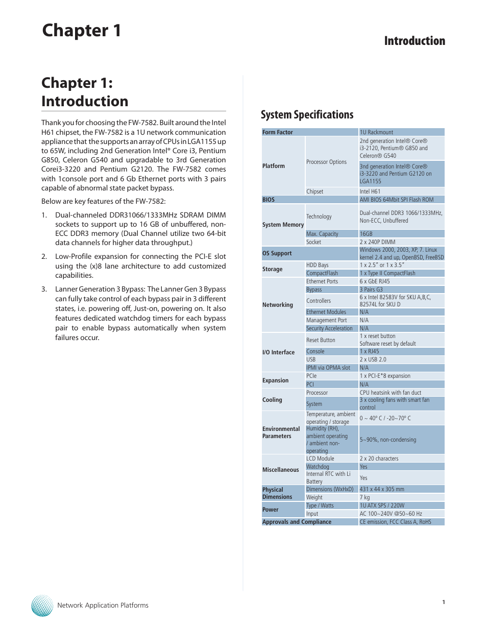 Chapter 1: introduction, System specifications, Chapter 1 | Introduction | Lanner FW-7582 User Manual | Page 5 / 42