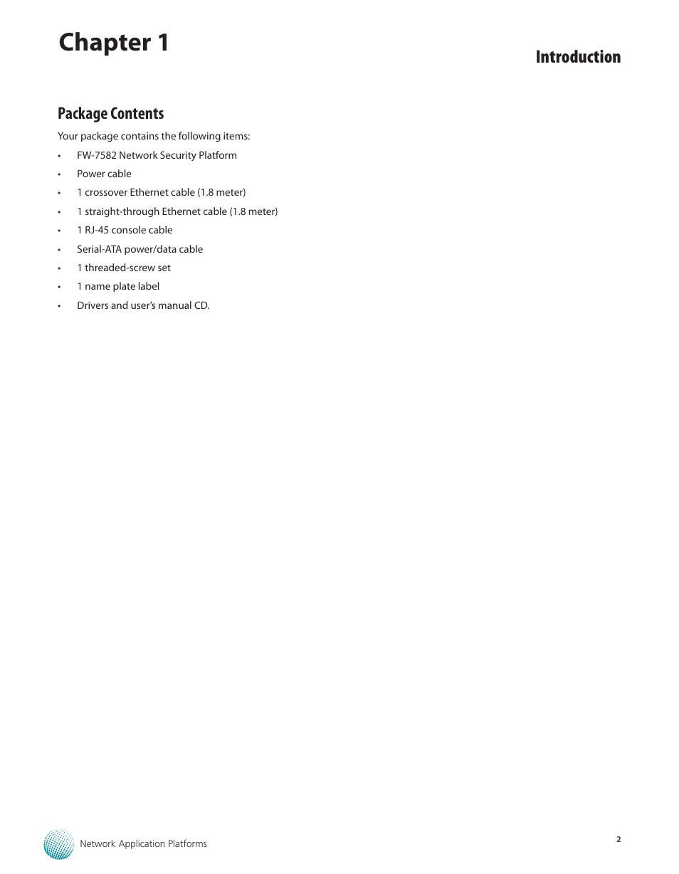 Package contents, Chapter 1, Introduction | Lanner FW-7582 User Manual | Page 6 / 42
