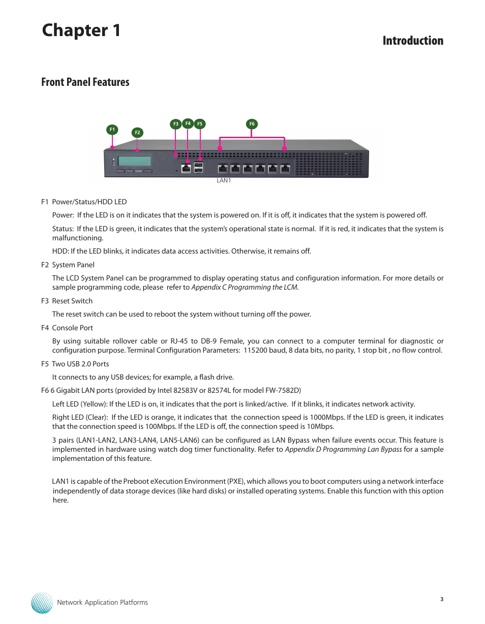 Front panel features, Chapter 1, Introduction | Lanner FW-7582 User Manual | Page 7 / 42