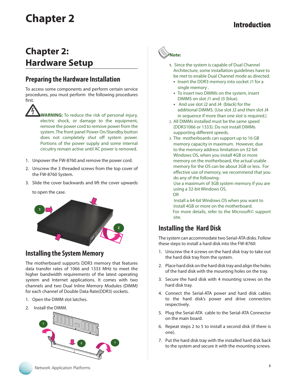 Chapter 2: hardware setup, Preparing the hardware installation, Installing the system memory | Installing the hard disk, Chapter 2, Introduction | Lanner FW-8760 User Manual | Page 10 / 53