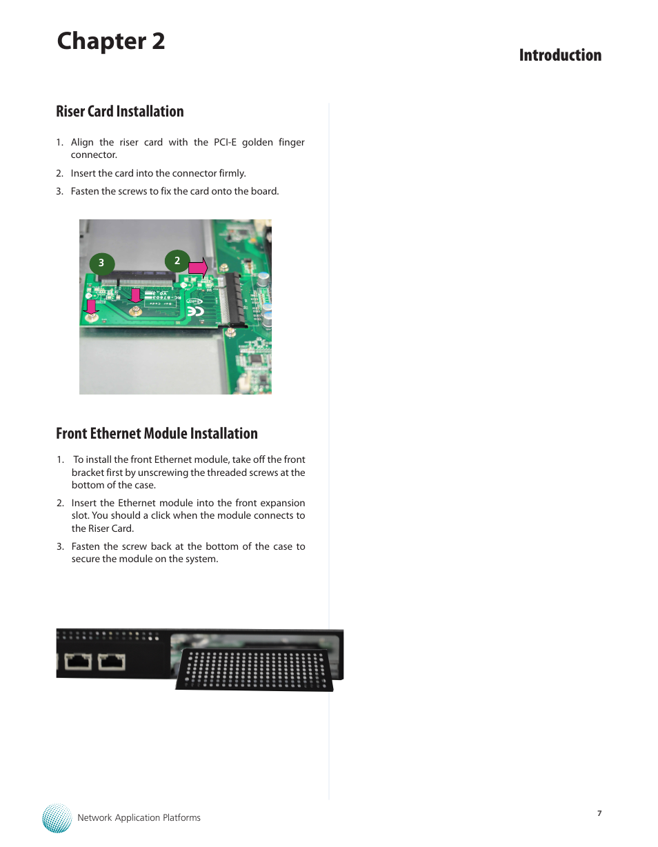 Riser card installation, Front ethernet module installation, Chapter 2 | Introduction | Lanner FW-8760 User Manual | Page 12 / 53