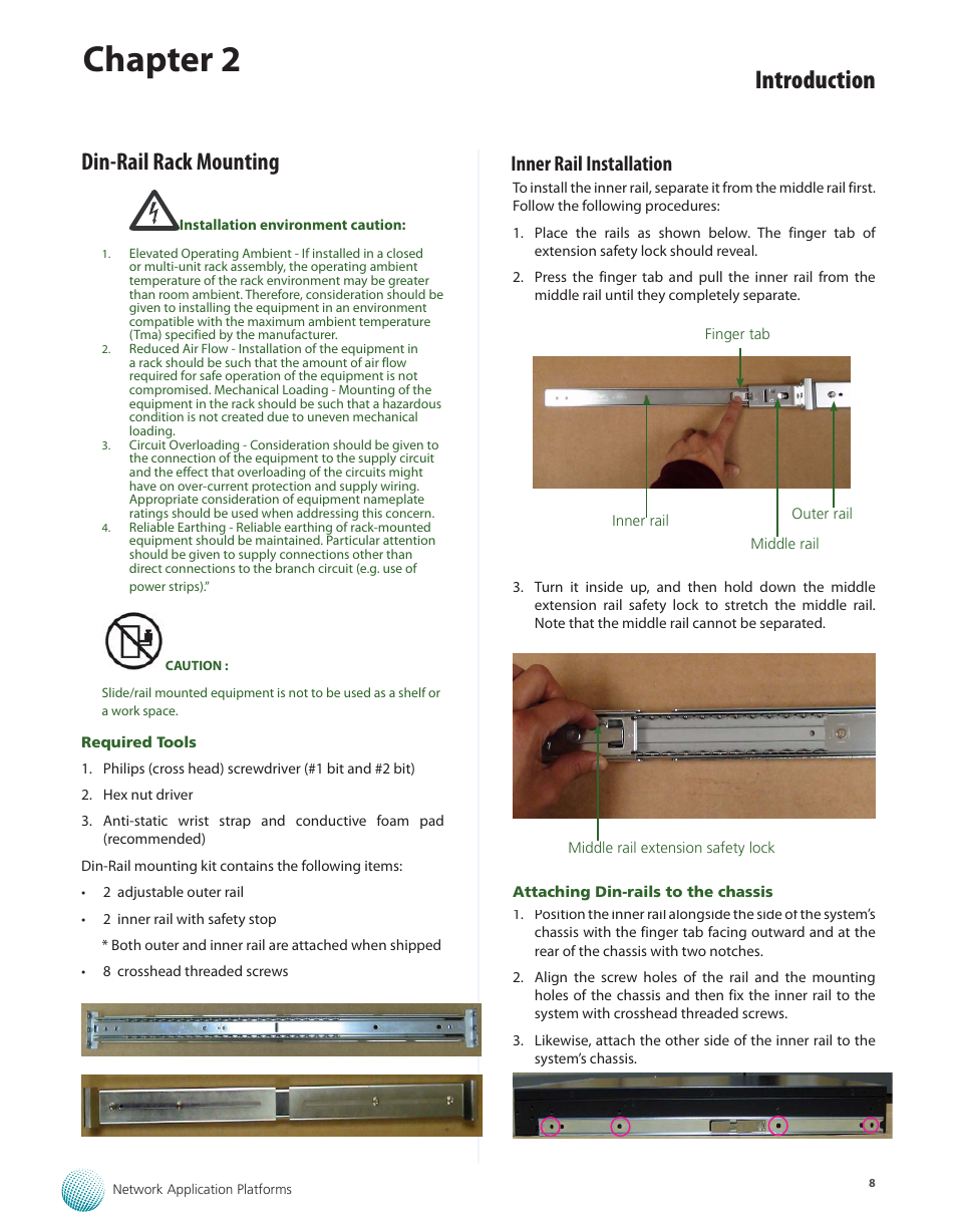 Din-rail rack mounting, Inner rail installation, Chapter 2 | Introduction | Lanner FW-8760 User Manual | Page 13 / 53