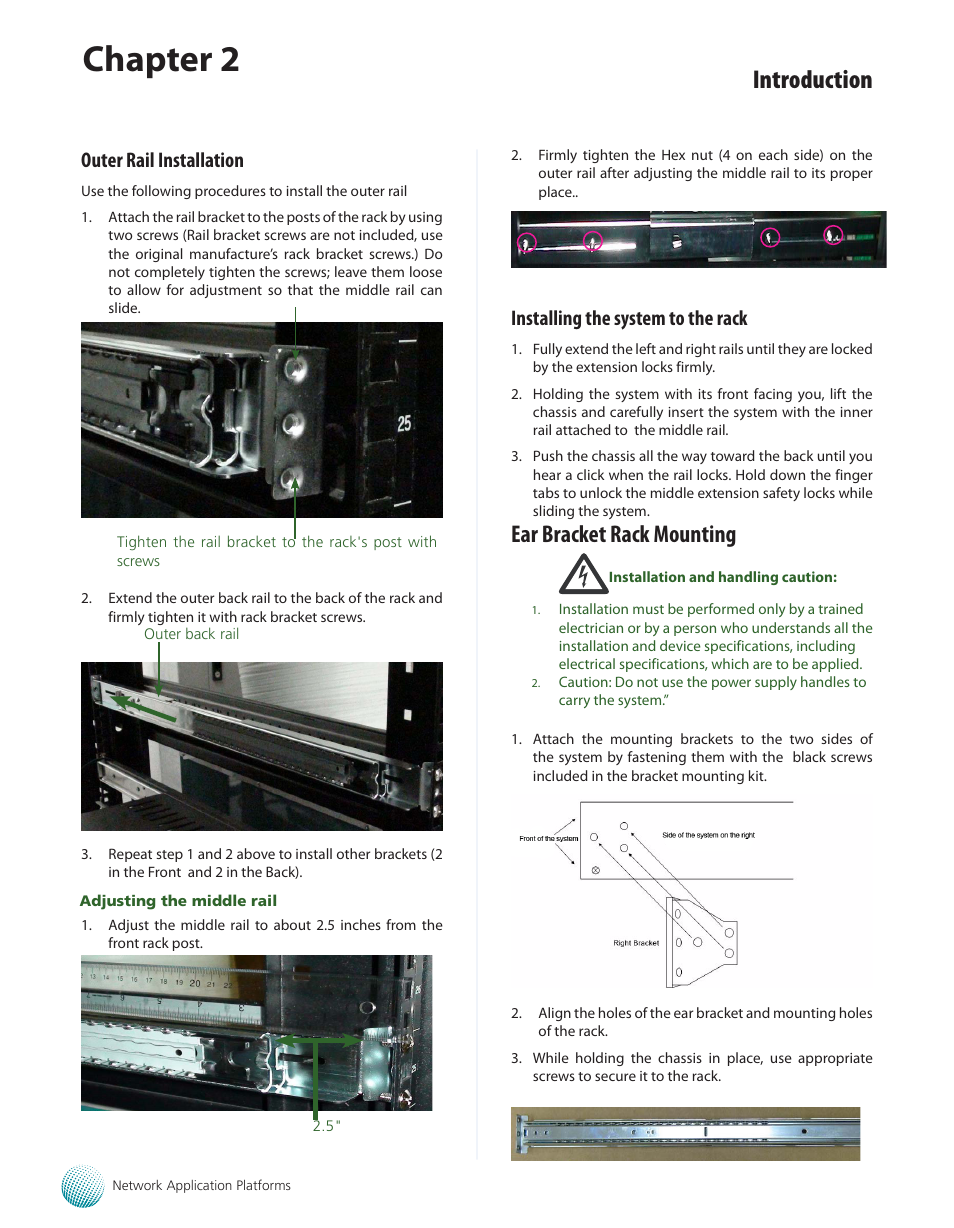 Outer rail installation, Installing the system to the rack, Ear bracket rack mounting | Chapter 2, Introduction | Lanner FW-8760 User Manual | Page 14 / 53