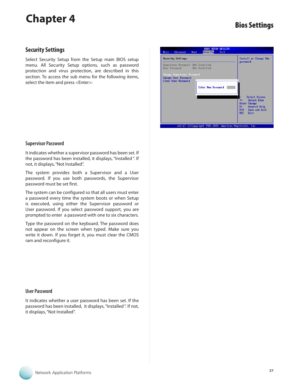 Security settings, Chapter 4, Bios settings | Lanner FW-8760 User Manual | Page 42 / 53
