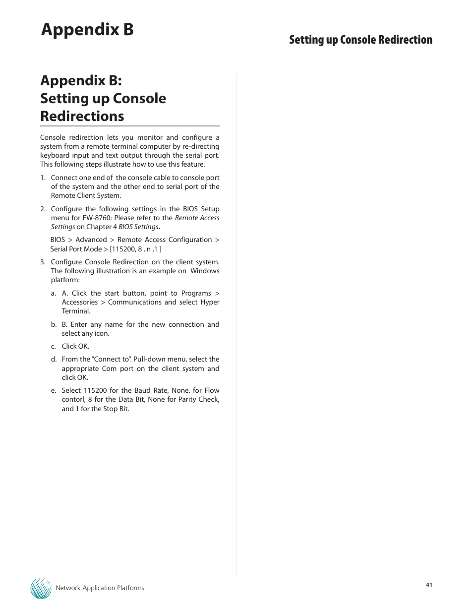 Appendix b: setting up console redirections, Appendix b, Setting up console redirection | Lanner FW-8760 User Manual | Page 46 / 53