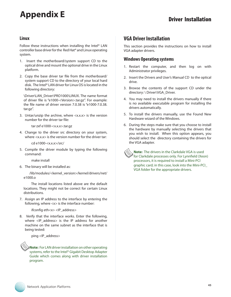 Linux, Vga driver installation, Windows operating systems | Appendix e, Driver installation | Lanner FW-8760 User Manual | Page 50 / 53