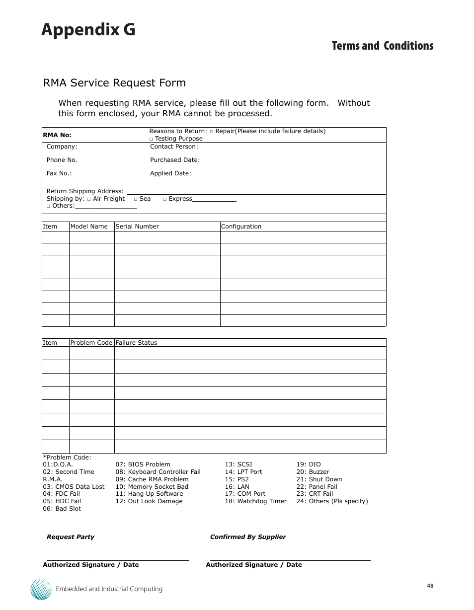 Appendix g, Terms and conditions, Rma service request form | Lanner FW-8760 User Manual | Page 53 / 53