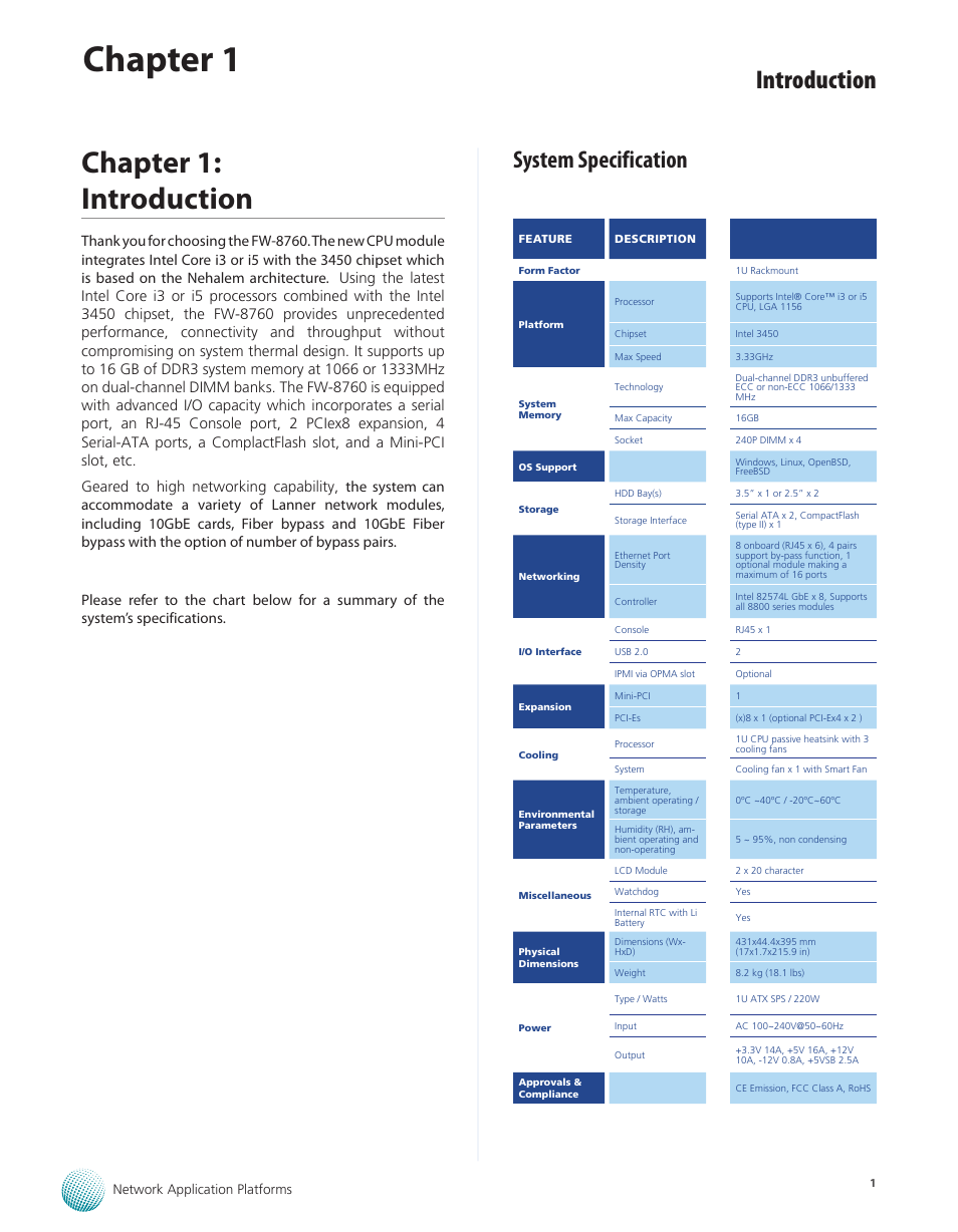 Chapter 1: introduction, System specification, Chapter 1 | Introduction | Lanner FW-8760 User Manual | Page 6 / 53