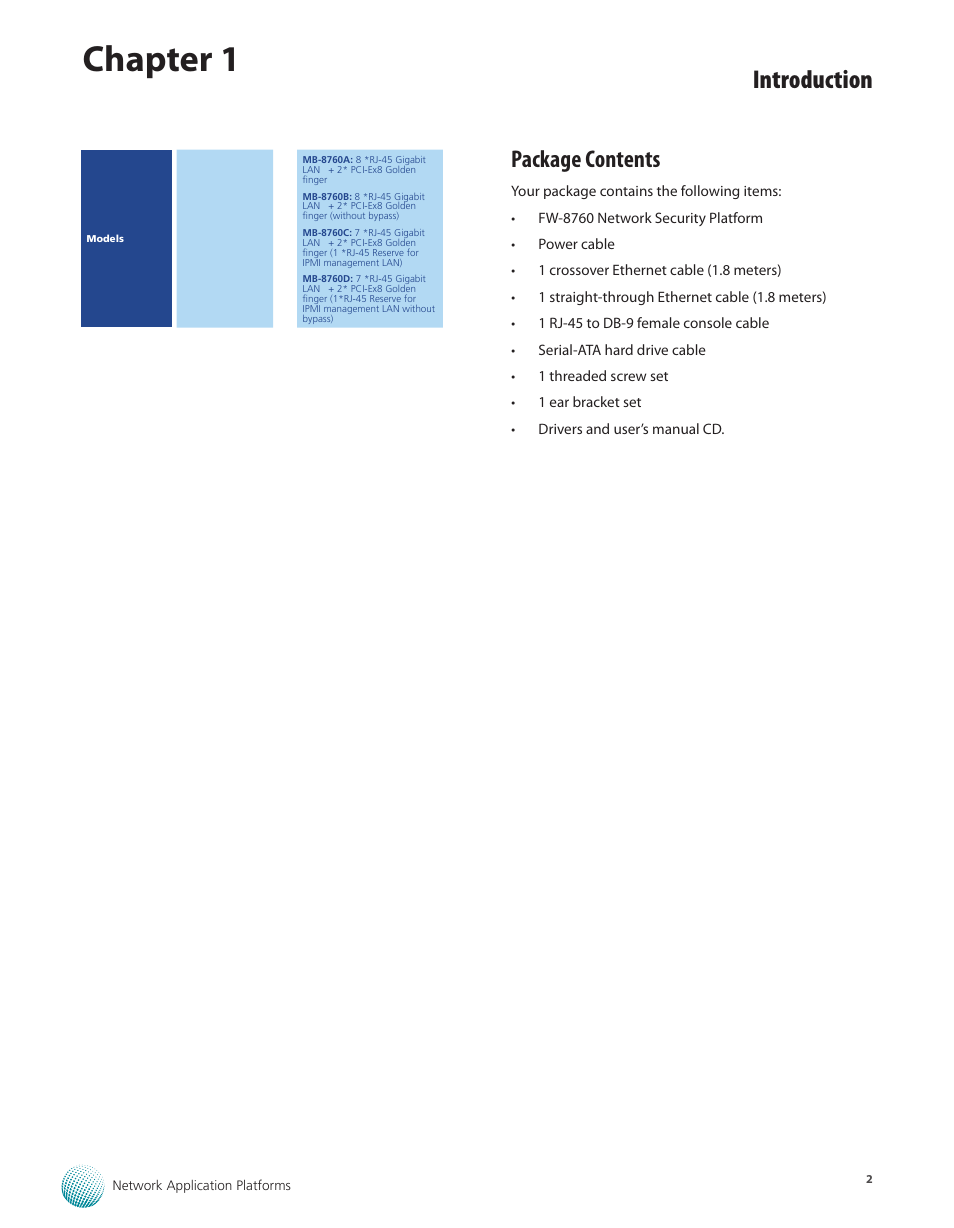Package contents, Chapter 1, Introduction | Lanner FW-8760 User Manual | Page 7 / 53