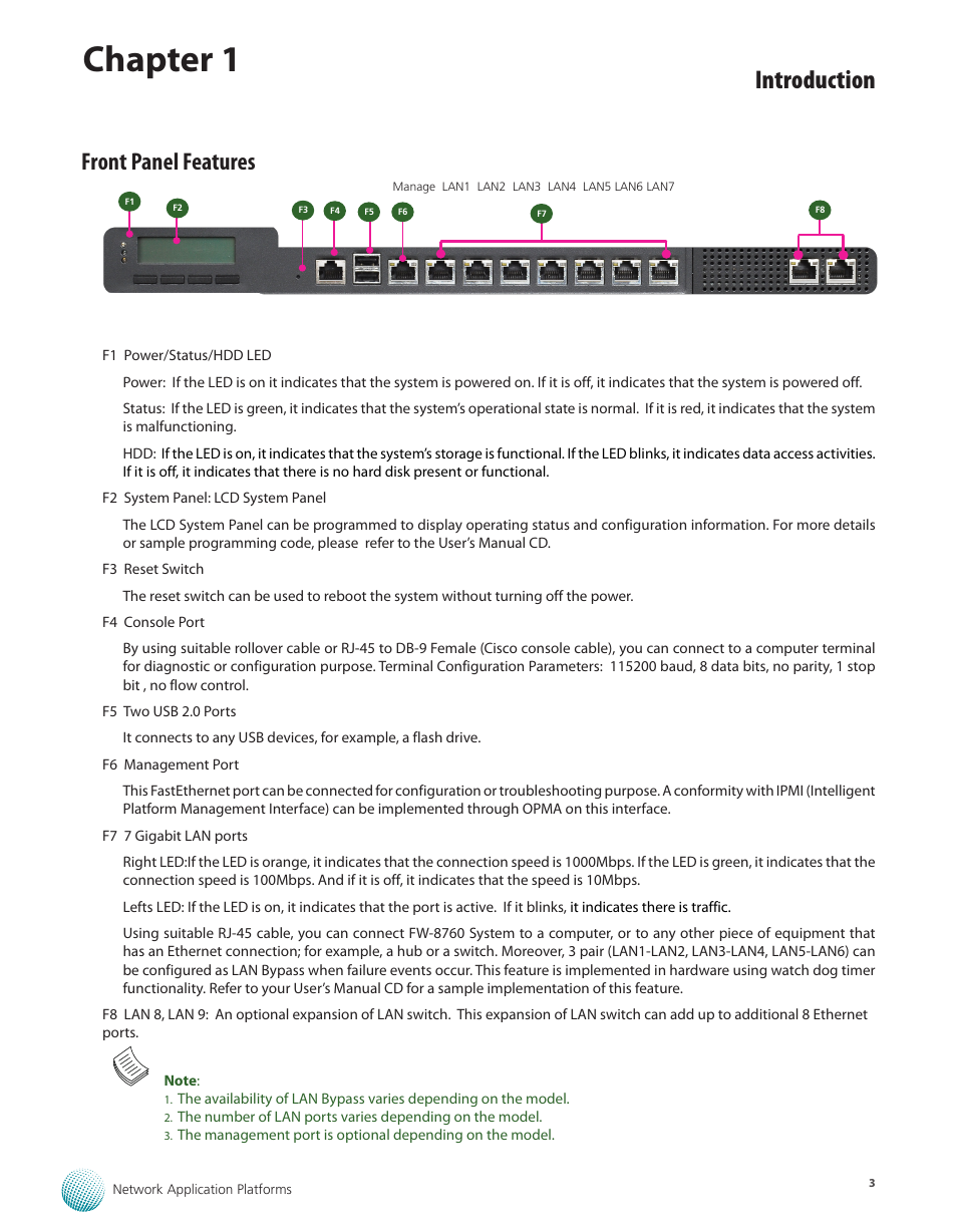 Front panel features, Chapter 1, Introduction | Lanner FW-8760 User Manual | Page 8 / 53