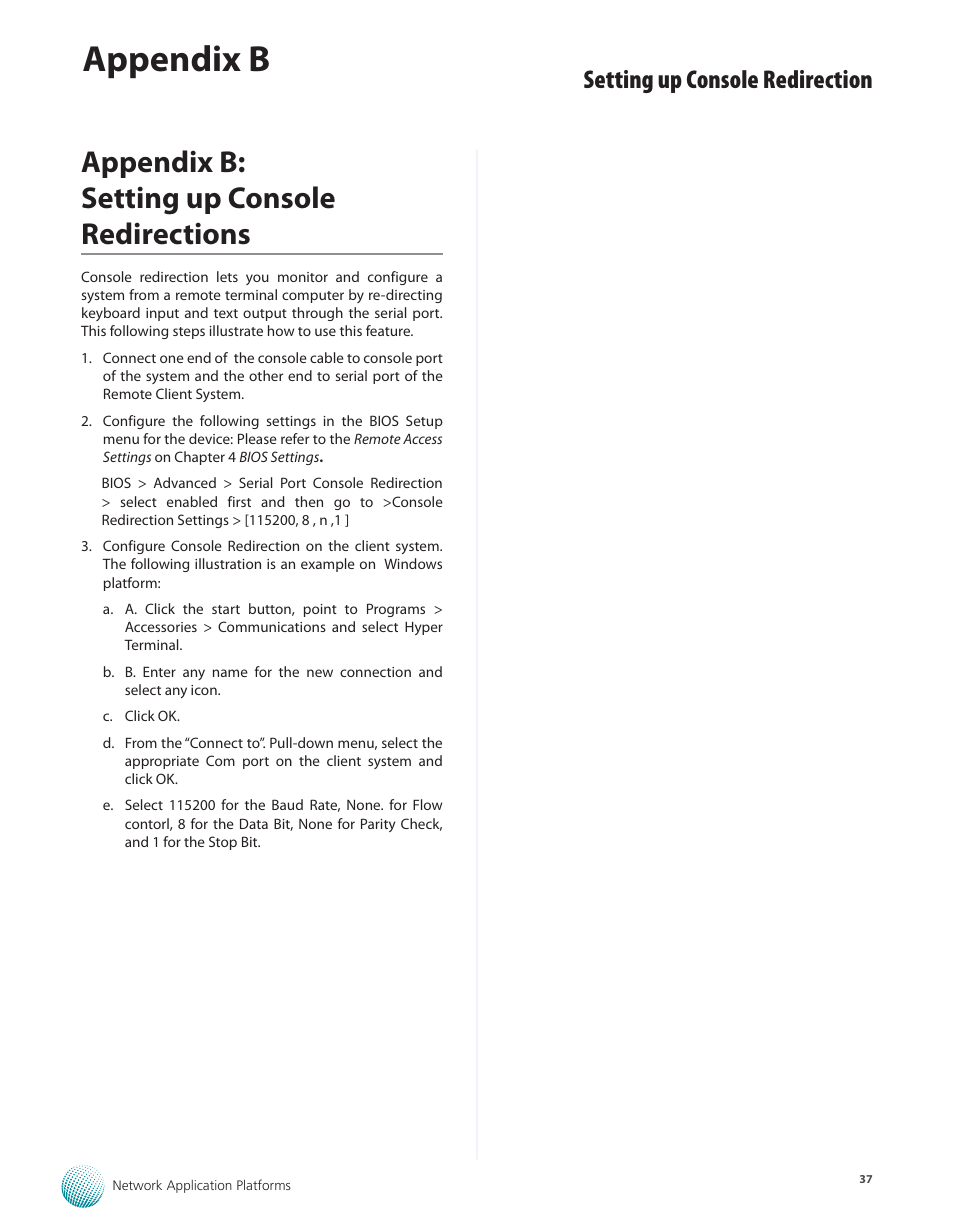 Appendix b: setting up console redirections, Appendix b, Setting up console redirection | Lanner FW-8771 User Manual | Page 42 / 47
