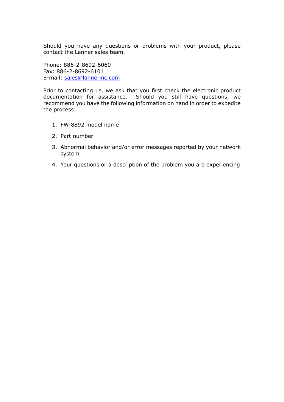 5 technical assistance | Lanner FW-8892 User Manual | Page 11 / 58