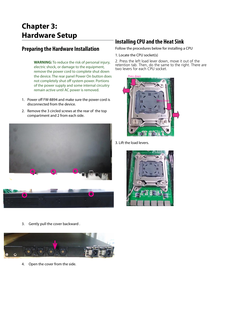 Chapter 3: hardware setup, Preparing the hardware installation, Installing cpu and the heat sink | Lanner FW-8894 User Manual | Page 16 / 31