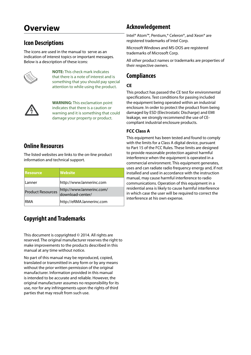 Overview, Icon descriptions, Online resources | Copyright and trademarks, Acknowledgement, Compliances | Lanner FW-8894 User Manual | Page 3 / 31