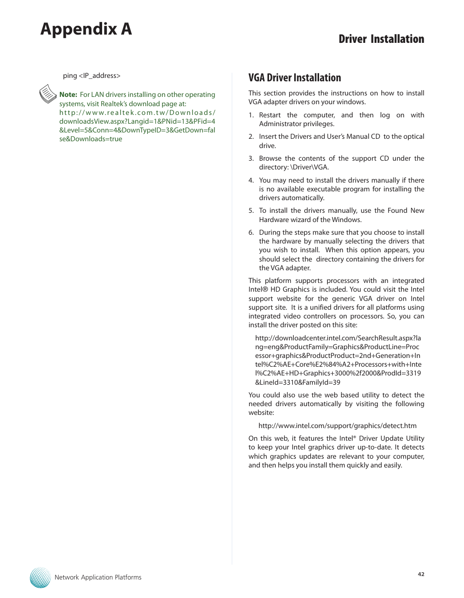 Vga driver installation, Appendix a, Driver installation | Lanner FX-3210 User Manual | Page 47 / 54