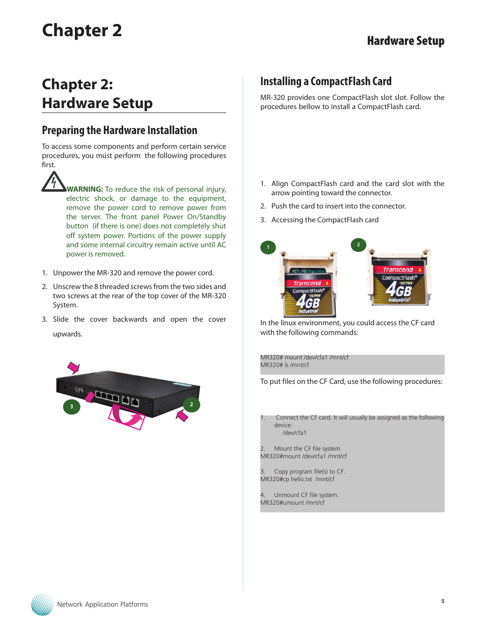 Chapter 2: hardware setup, Preparing the hardware installation, Installing a compactflash card | Chapter 2, Hardware setup | Lanner MR-320 User Manual | Page 8 / 20