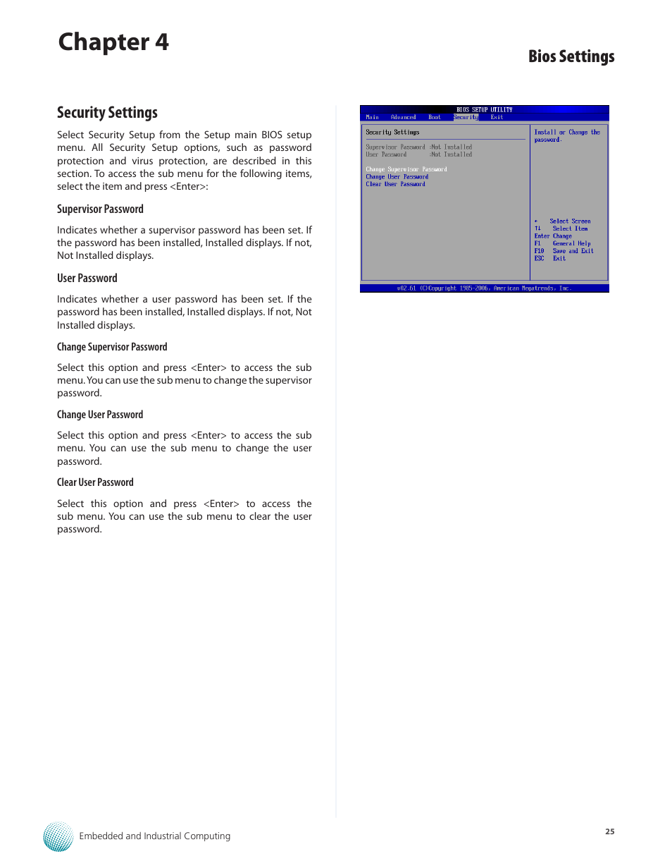 Security settings, Security settings 25, Chapter 4 | Bios settings | Lanner LEC-3010 User Manual | Page 27 / 43