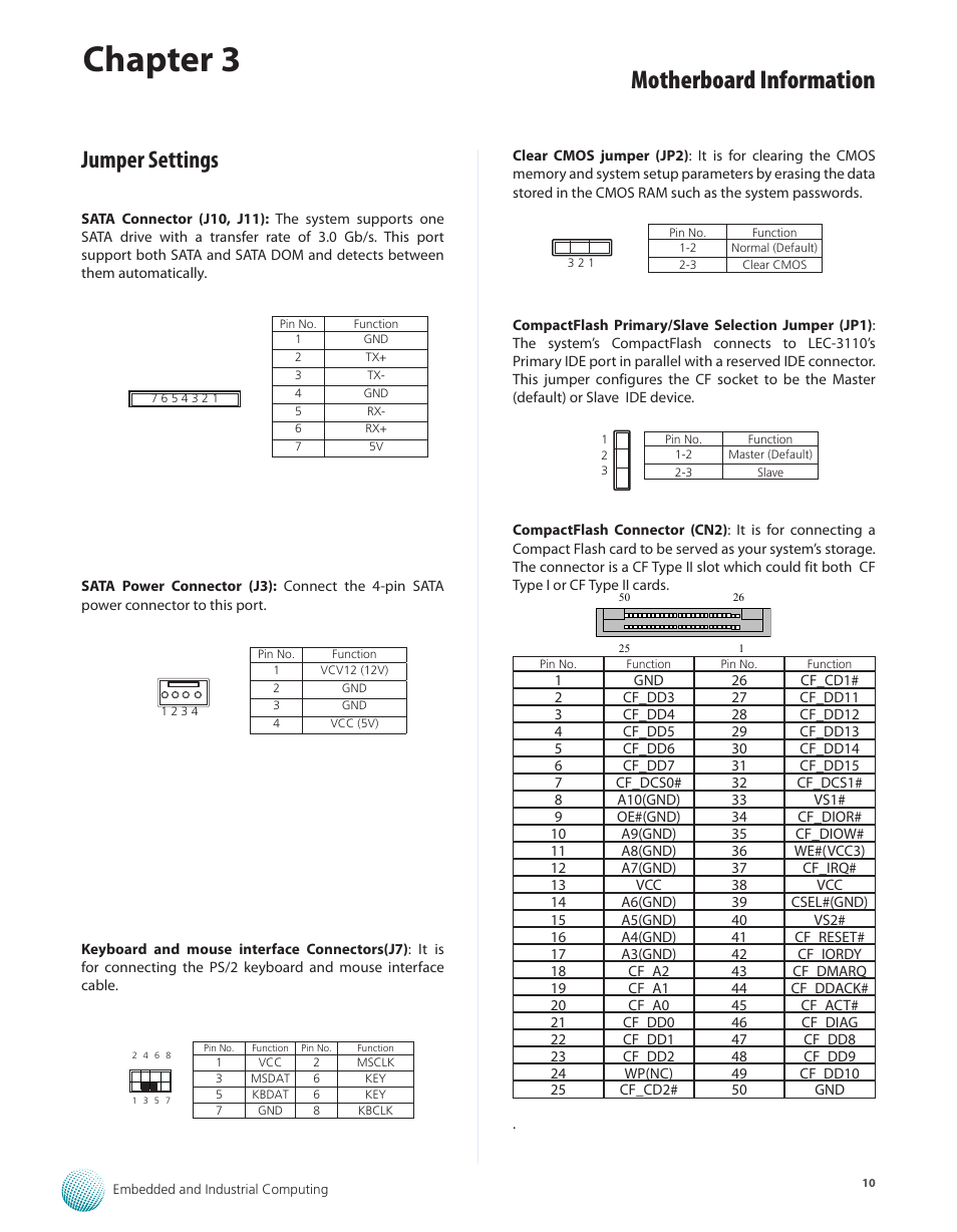 Jumper settings, Jumper settings 10, Chapter 3 | Motherboard information | Lanner LEC-3110 User Manual | Page 12 / 26