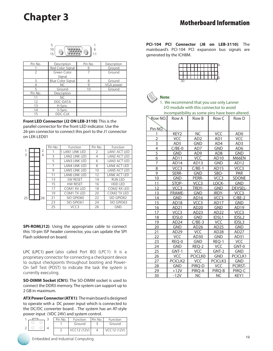 Chapter 3, Motherboard information | Lanner LEC-3110 User Manual | Page 14 / 26