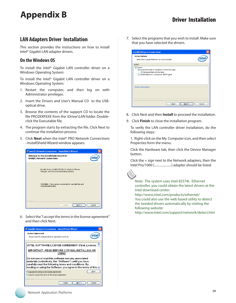 Lan adapters driver installation, On the windows os, Lan adapters driver installation 20 | On the windows os 20, Appendix b, Driver installation | Lanner LEC-3110 User Manual | Page 22 / 26